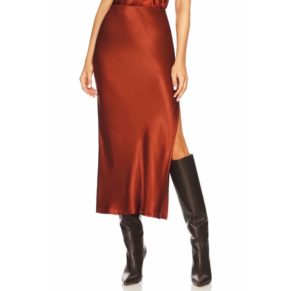 ENZA COSTA Satin Bias Slip Skirt Womens Large Umber Rust Midi Maxi Side Slit NEW - Picture 2 of 16